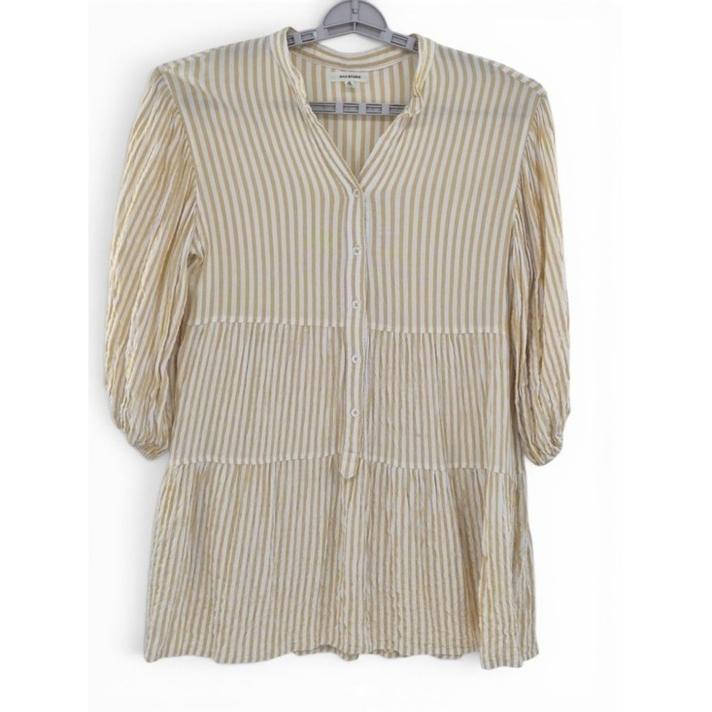 Max Studio Yellow White Striped Tiered Mini Shirt Dress Med Lagenlook Babydoll - Picture 6 of 14